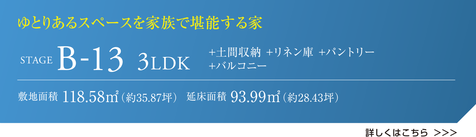 ゆとりあるスペースを家族で堪能する家 STAGE B-13 3LDK +土間収納 +リネン庫 +パントリー +バルコニー 敷地面積 118.58㎡（約35.87坪）  延床面積 93.99㎡（約28.43坪） 詳しくはこちら